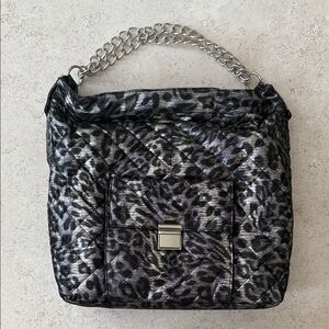 Quilted Metallic Leopard-Print Shoulder Bag - Silver/Black